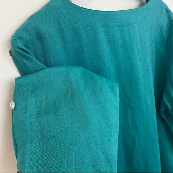 Toofan teal linen 1X blouse with buttons down arm - Picture 10 of 14